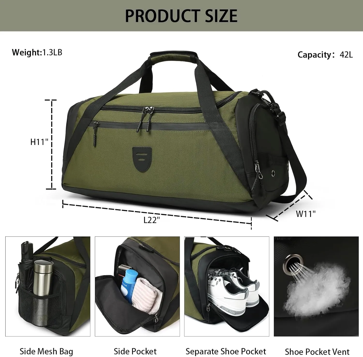 Gym Duffle Bags For Men & Women, Large Duffle Bag For Men Travel, Weekend Overnight Bag With Shoe Compartment & Wet Pocket, Water Resistant Sports Duffle Bag Gymbag A-TD-003-Green