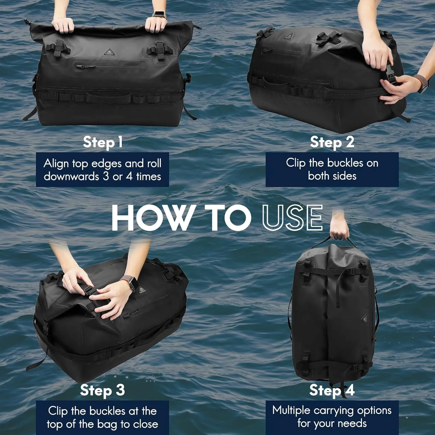 Haimont Large Waterproof Duffel Backpack Roll-Top Heavy Duty Dry Duffle Bag for Boating, Travel, Motorcycle, Kayaking, Camping, 60L