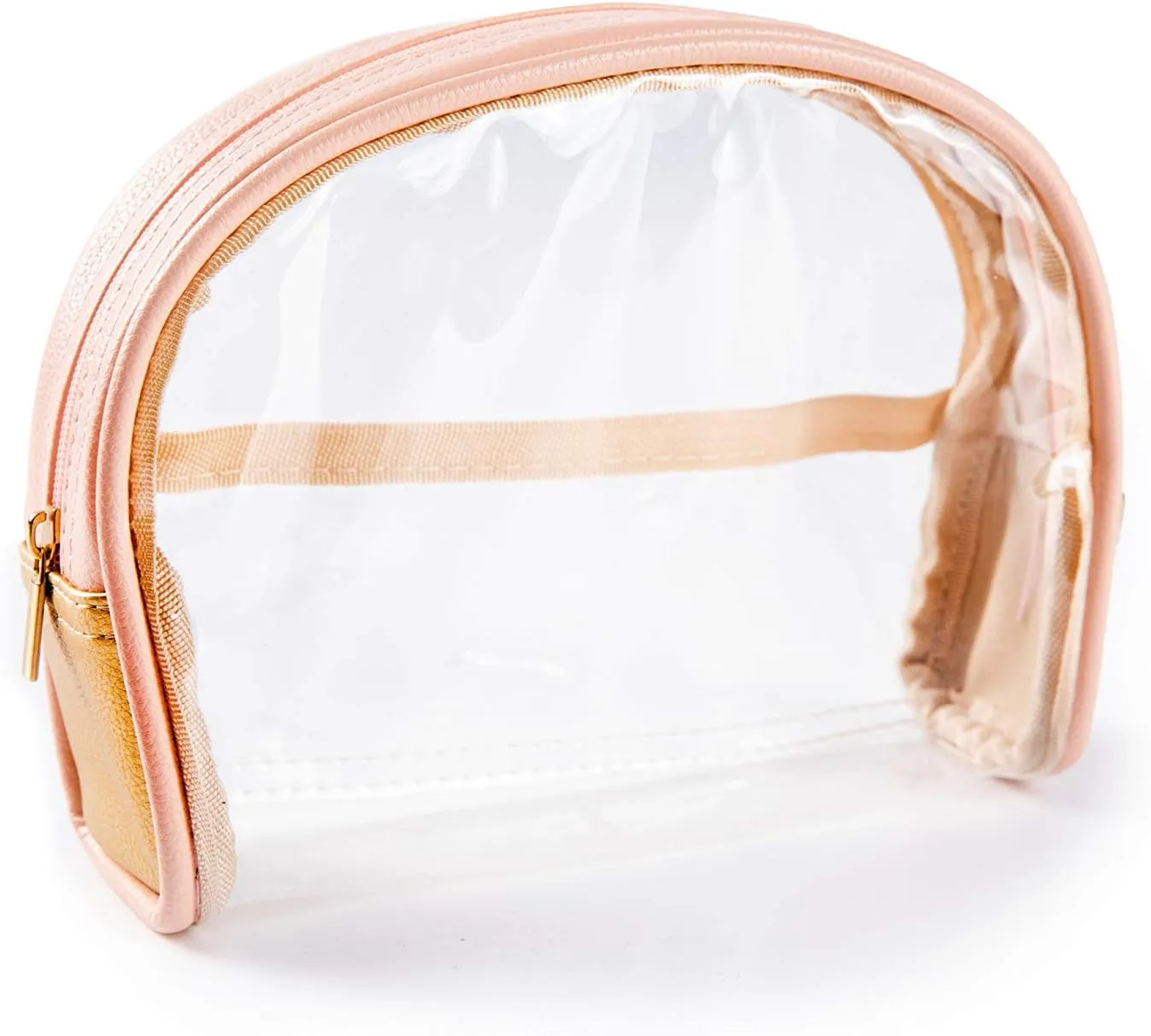 Half Moon Bag / Small & Cute Clear Cosmetic Pouch for Purse / Transparent & Portable TSA Compliant Clear Quart Bag for Travel / Simple and Plain See-Through Clutch or Handbag for Makeup / Made From Trendy Vegan Leather, Vinyl PVC & Suede