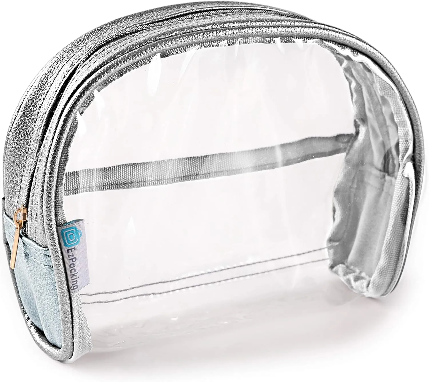 Half Moon Bag / Small & Cute Clear Cosmetic Pouch for Purse / Transparent & Portable TSA Compliant Clear Quart Bag for Travel / Simple and Plain See-Through Clutch or Handbag for Makeup / Made From Trendy Vegan Leather, Vinyl PVC & Suede