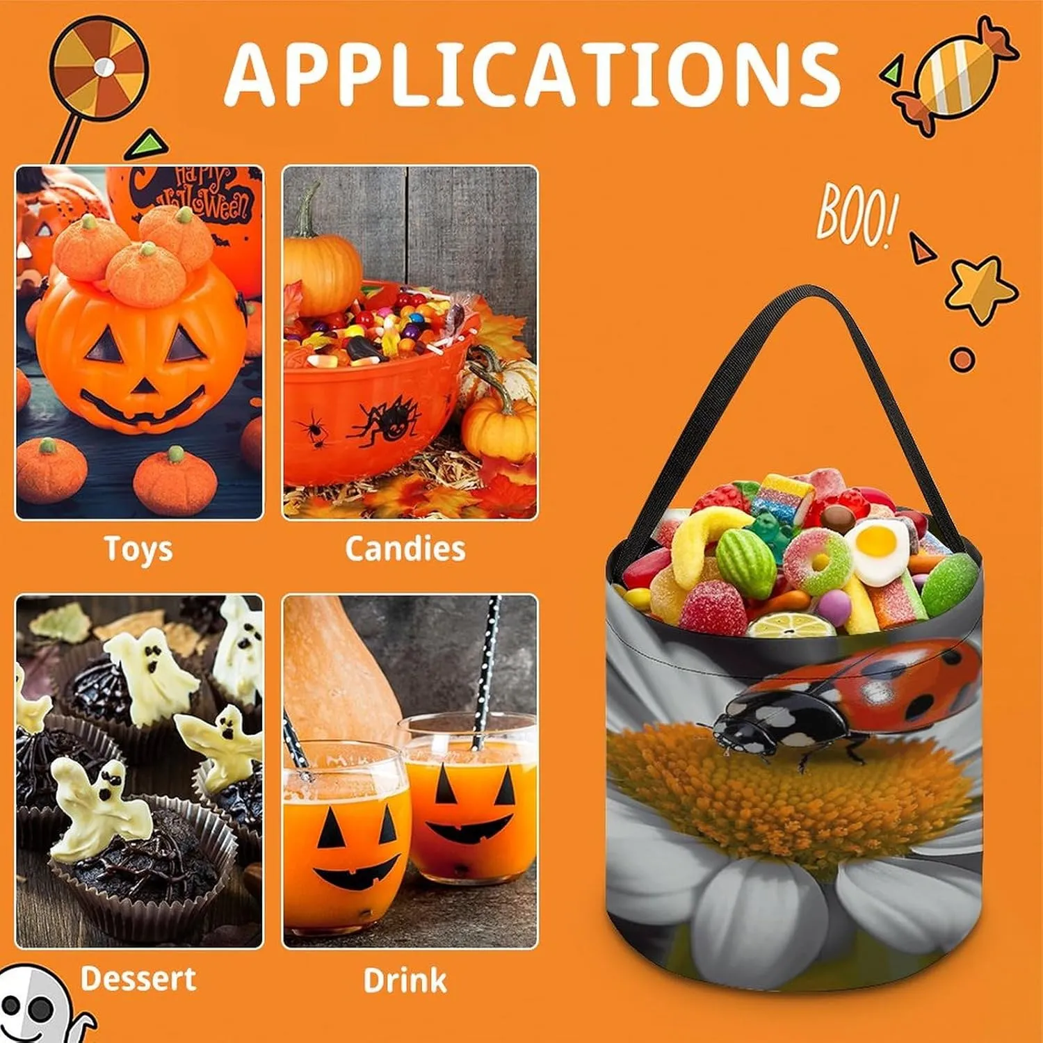 Halloween Candy Bucket,Halloween Trick Or Treat Bags,Eiffel Tower Paris Printed Collapsible Reusable Candy Basket