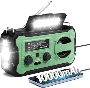 Hand Crank Emergency Radio, 10000mAh Weather Radio with AM/FM/NOAA, Solar Prower, SOS Alarm, Phone Charging, LED Flashlight, Portable Survival Gear for Outdoor & Home Emergencies Kits, Light Green