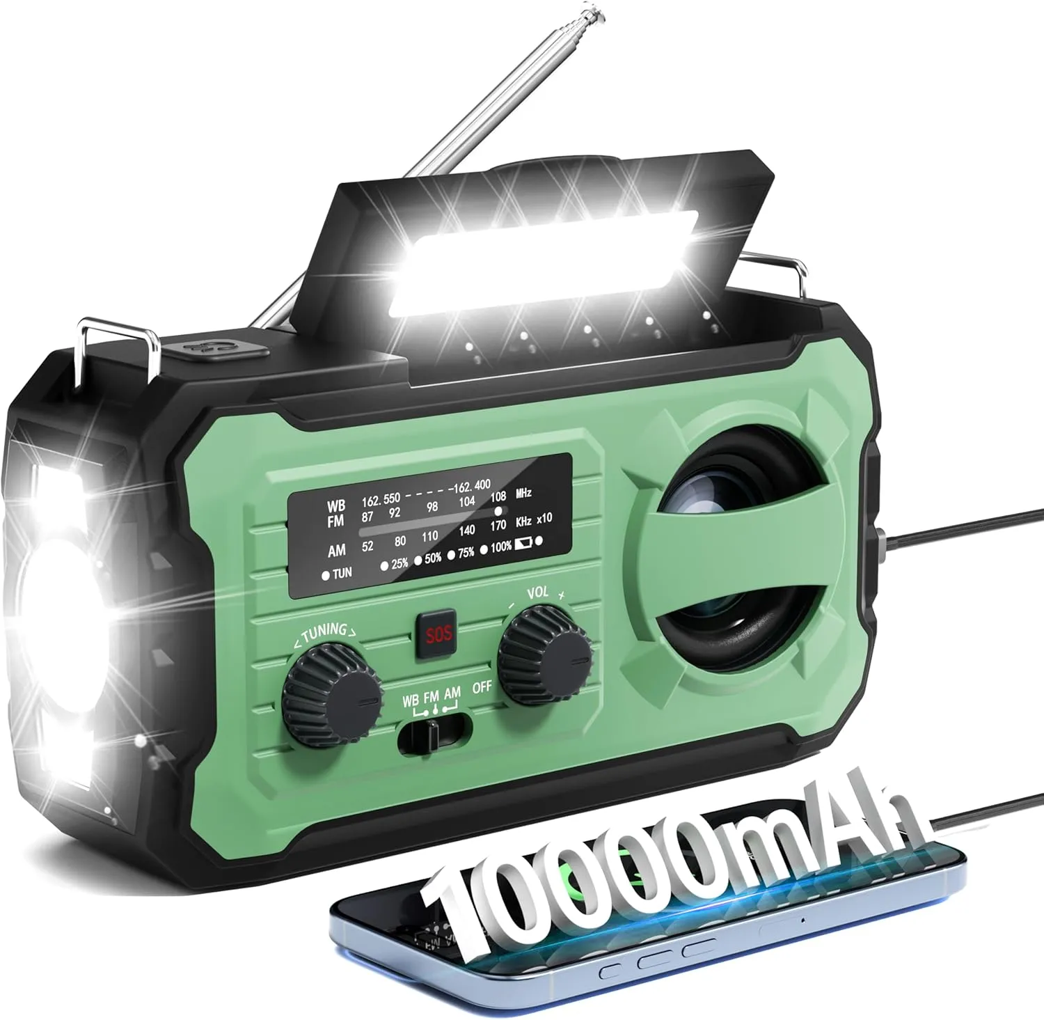 Hand Crank Emergency Radio, 10000mAh Weather Radio with AM/FM/NOAA, Solar Prower, SOS Alarm, Phone Charging, LED Flashlight, Portable Survival Gear for Outdoor & Home Emergencies Kits, Light Green