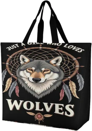 Handbags for Women, Fashion Shoulder Tote Bags Travel Bag Shopper Handbag Soft Polyester Spacious Tote Satchel Tote Purse Just A Girl Who Loves Wolves Dream Catcher