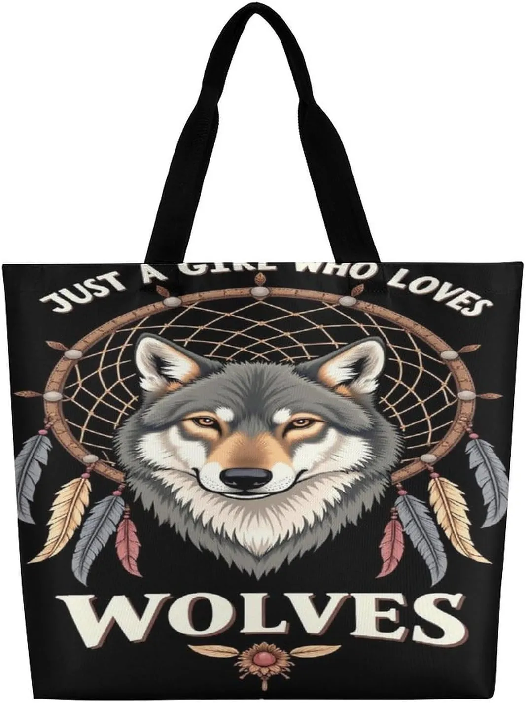 Handbags for Women, Fashion Shoulder Tote Bags Travel Bag Shopper Handbag Soft Polyester Spacious Tote Satchel Tote Purse Just A Girl Who Loves Wolves Dream Catcher