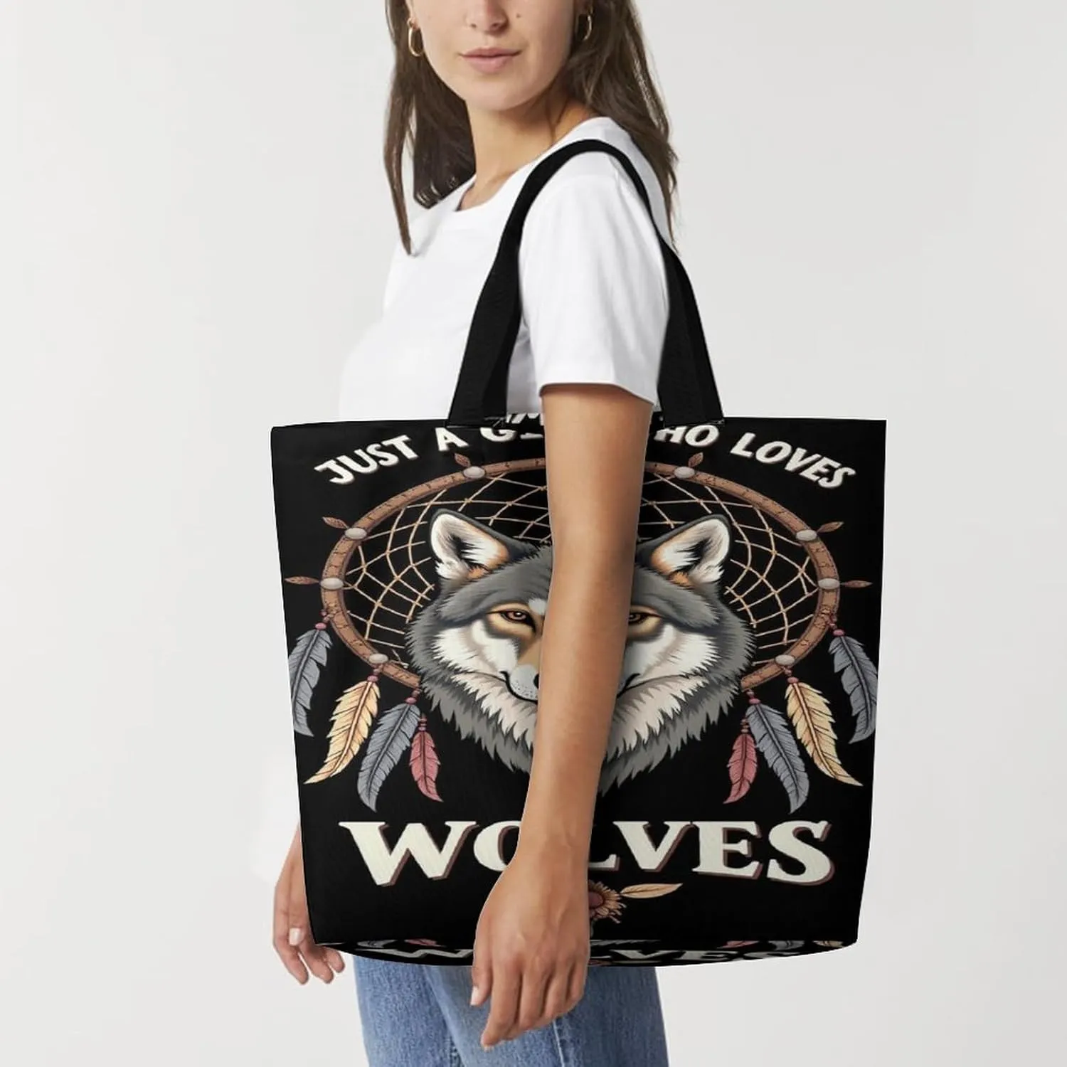Handbags for Women, Fashion Shoulder Tote Bags Travel Bag Shopper Handbag Soft Polyester Spacious Tote Satchel Tote Purse Just A Girl Who Loves Wolves Dream Catcher