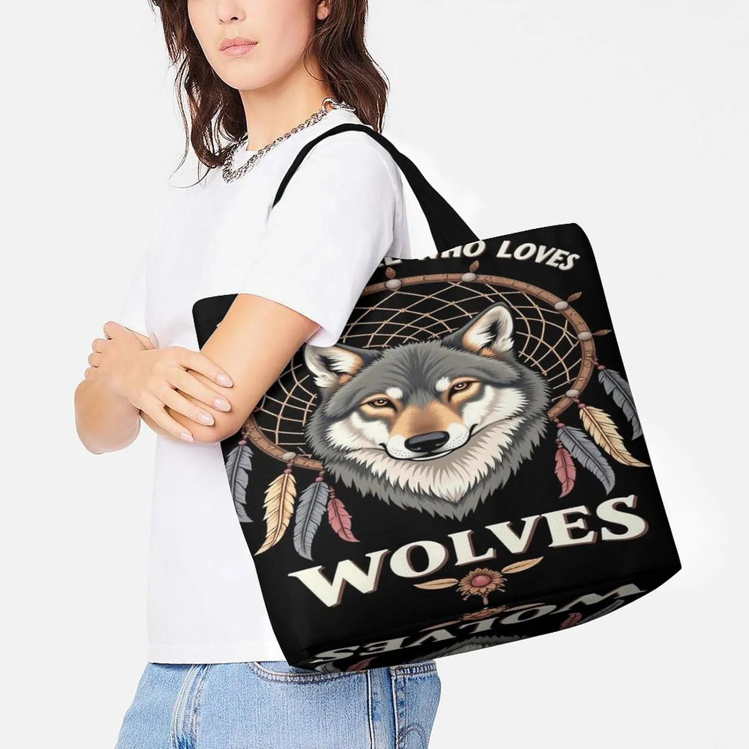 Handbags for Women, Fashion Shoulder Tote Bags Travel Bag Shopper Handbag Soft Polyester Spacious Tote Satchel Tote Purse Just A Girl Who Loves Wolves Dream Catcher