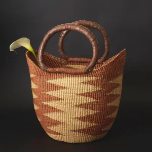 Handmade African Market Basket, Picnic, Harvesting, 16 Inch Wide, Woven Leather Handle Tote, Ghana Bolga Shopping Bag, Vibrant Colors & Patterns (Natural Brown)