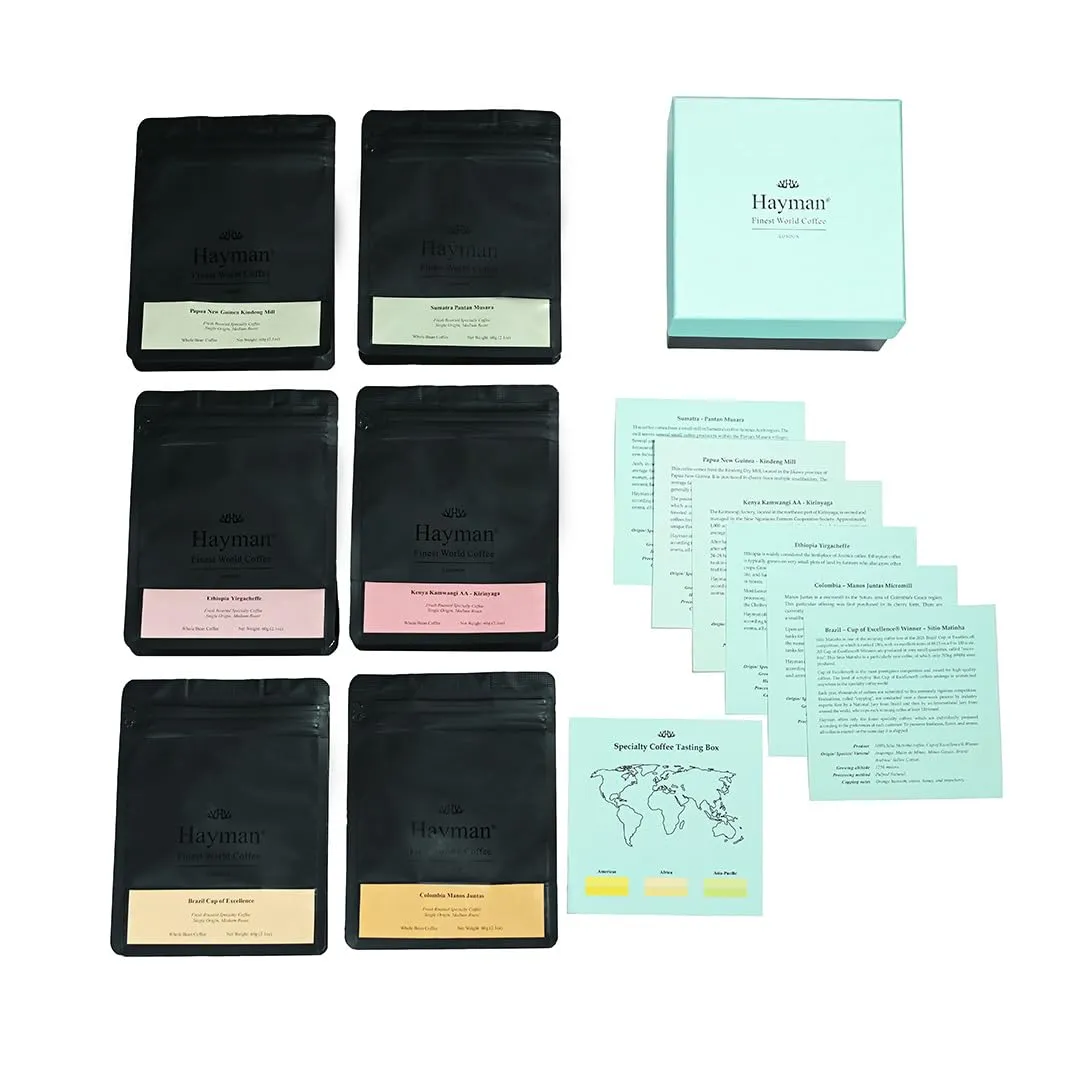 Hayman, Specialty Coffee Tasting Box, 6-Pack Gourmet Coffee Gift Set Selection, Premium Variety Sampler With Connoisseur Assortment, Whole Bean, Medium Roast, 6 Bags With 2.1oz Each (12.7oz Total)