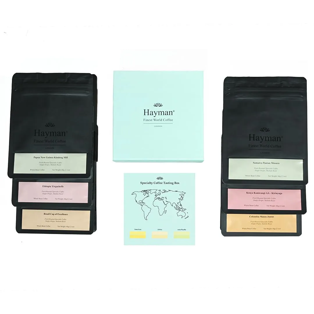 Hayman, Specialty Coffee Tasting Box, 6-Pack Gourmet Coffee Gift Set Selection, Premium Variety Sampler With Connoisseur Assortment, Whole Bean, Medium Roast, 6 Bags With 2.1oz Each (12.7oz Total)