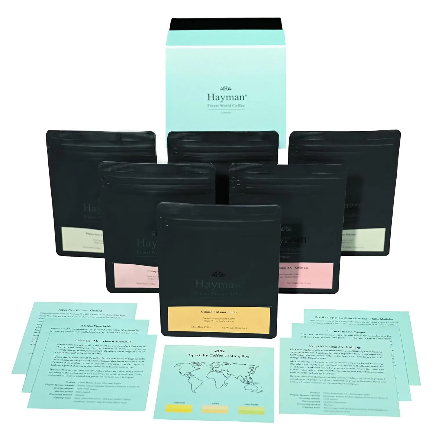 Hayman, Specialty Coffee Tasting Box, 6-Pack Gourmet Coffee Gift Set Selection, Premium Variety Sampler With Connoisseur Assortment, Whole Bean, Medium Roast, 6 Bags With 2.1oz Each (12.7oz Total)