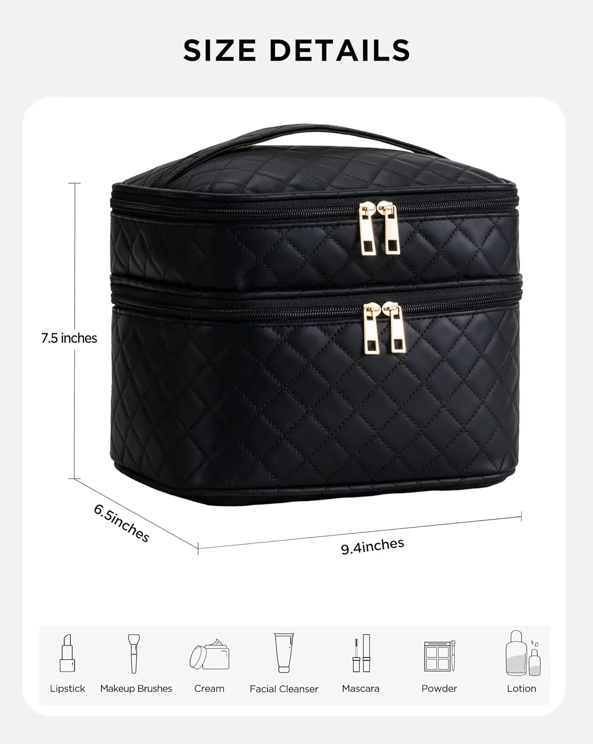HBlife Double Layer Travel Makeup Bag Portable Cute Leather Cosmetic Bag Large Make Up Bag Makeup Case Organizer Toiletry Bag for Women Girls with Handle and Removable Divider (Black Rhombus)
