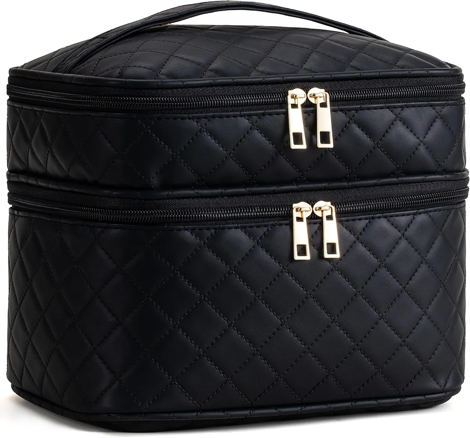 HBlife Double Layer Travel Makeup Bag Portable Cute Leather Cosmetic Bag Large Make Up Bag Makeup Case Organizer Toiletry Bag for Women Girls with Handle and Removable Divider (Black Rhombus)
