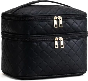 HBlife Double Layer Travel Makeup Bag Portable Cute Leather Cosmetic Bag Large Make Up Bag Makeup Case Organizer Toiletry Bag for Women Girls with Handle and Removable Divider (Black Rhombus)