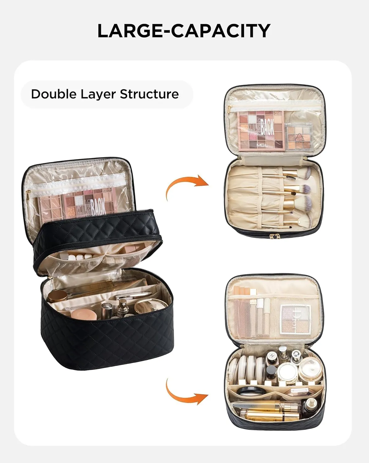 HBlife Double Layer Travel Makeup Bag Portable Cute Leather Cosmetic Bag Large Make Up Bag Makeup Case Organizer Toiletry Bag for Women Girls with Handle and Removable Divider (Black Rhombus)