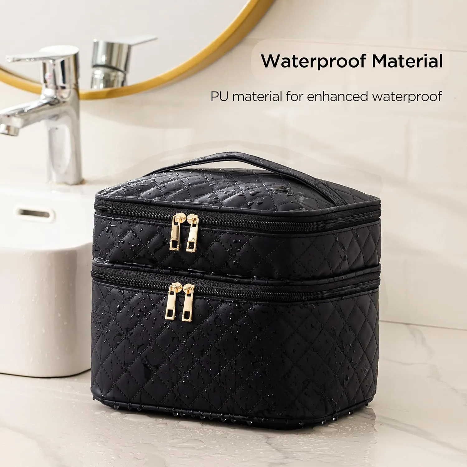 HBlife Double Layer Travel Makeup Bag Portable Cute Leather Cosmetic Bag Large Make Up Bag Makeup Case Organizer Toiletry Bag for Women Girls with Handle and Removable Divider (Black Rhombus)