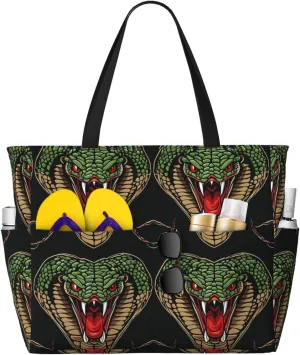 Heart Shape Cobra Head Print 28L Large Beach Tote Bag, 7 Pockets Waterproof Travel Shoulder Bag, Gym Oversized Tote