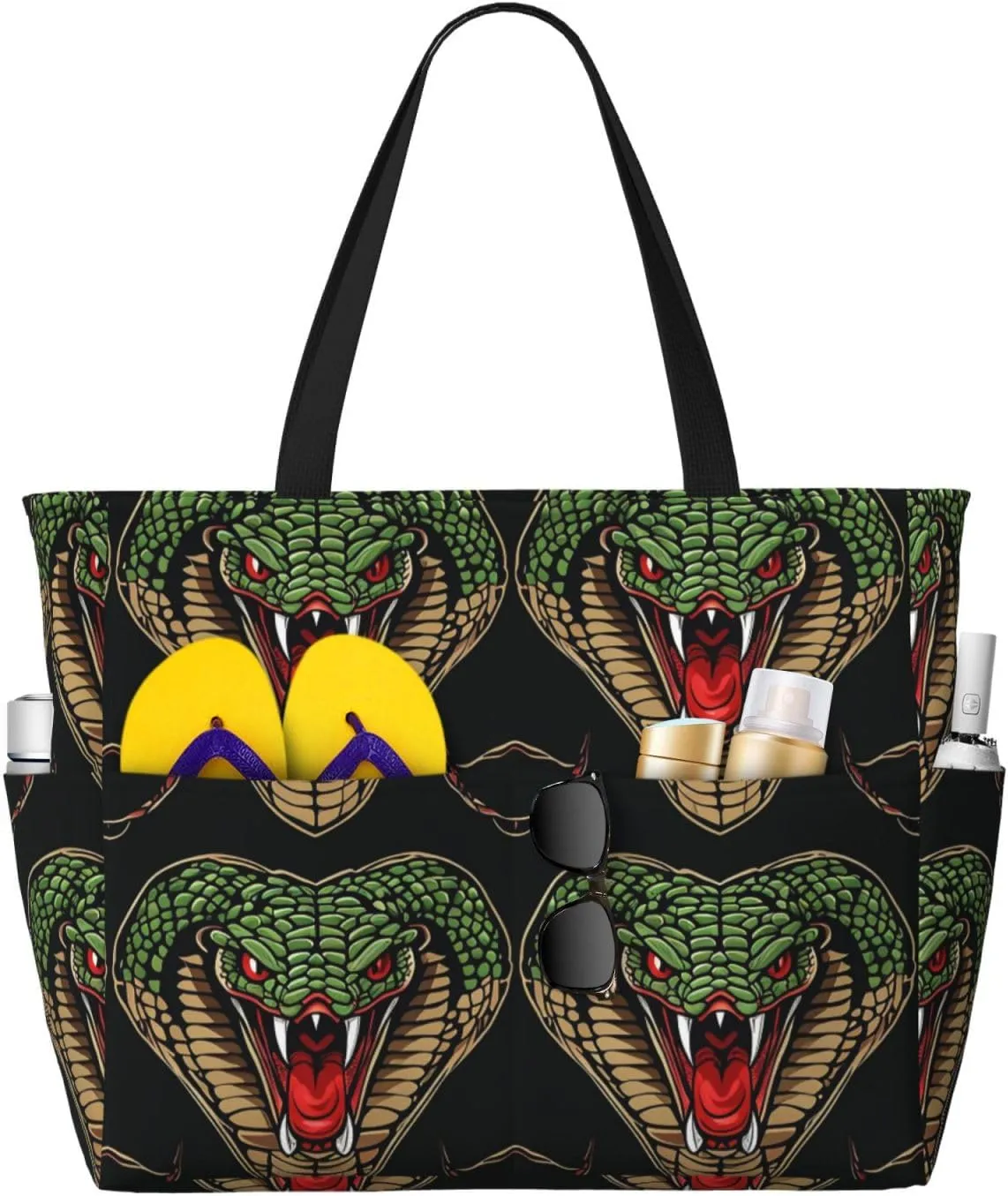 Heart Shape Cobra Head Print 28L Large Beach Tote Bag, 7 Pockets Waterproof Travel Shoulder Bag, Gym Oversized Tote