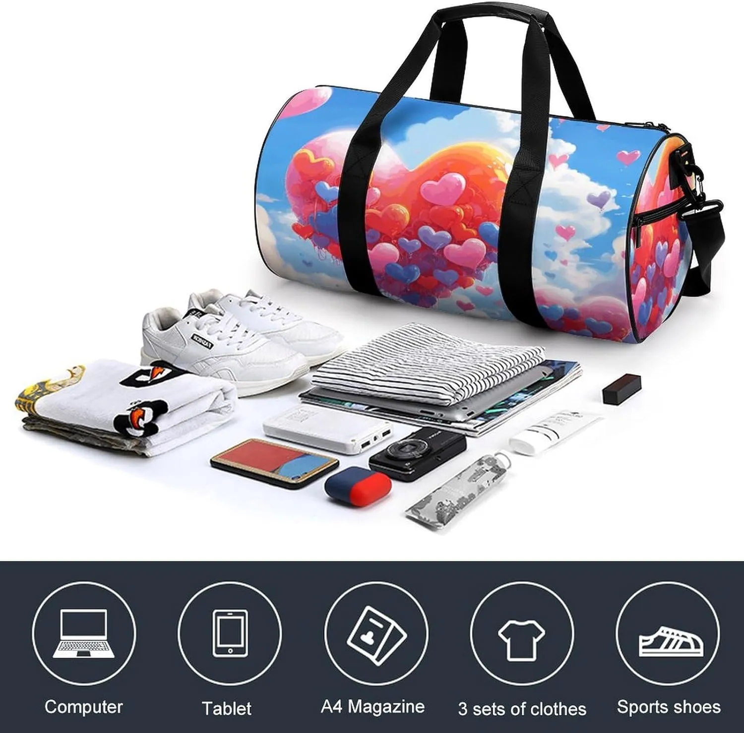 Heart Shaped Drawing Gym Bag Small Travel Duffle Bag with Compartment Carry On Weekender Bag for Women Men
