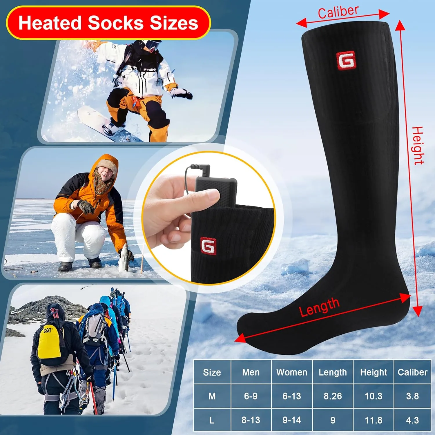 Heated Socks Rechargeable Electric Battery Heating Socks for Men Women with 3 Adjustable Heating Levels for Skiing Riding Hunting