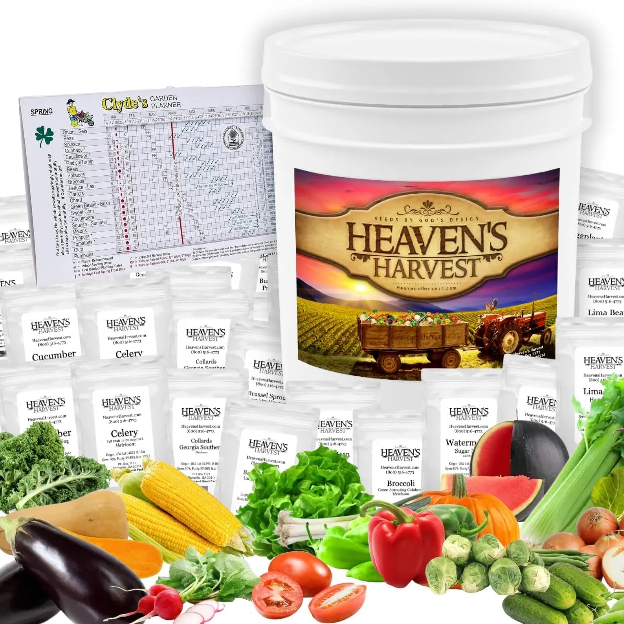 Heaven’s Harvest “10 Year Garden” Survival Seed Bank Kit | Over 25k Non-GMO Heirloom Vegetable Survival Seeds   2 Free Bonus Items: Clyde’s Garden Planner   Seed Vault Storage Drum for 10 Year Storage