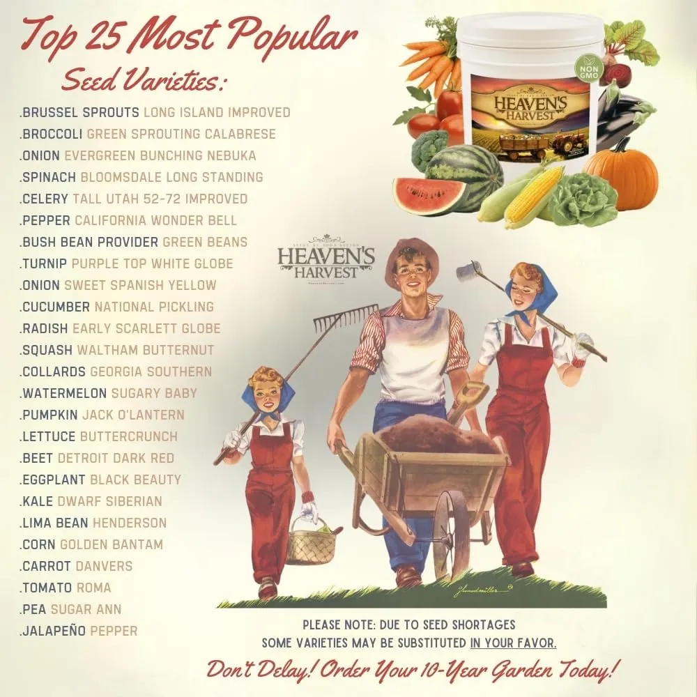 Heaven’s Harvest “10 Year Garden” Survival Seed Bank Kit | Over 25k Non-GMO Heirloom Vegetable Survival Seeds   2 Free Bonus Items: Clyde’s Garden Planner   Seed Vault Storage Drum for 10 Year Storage
