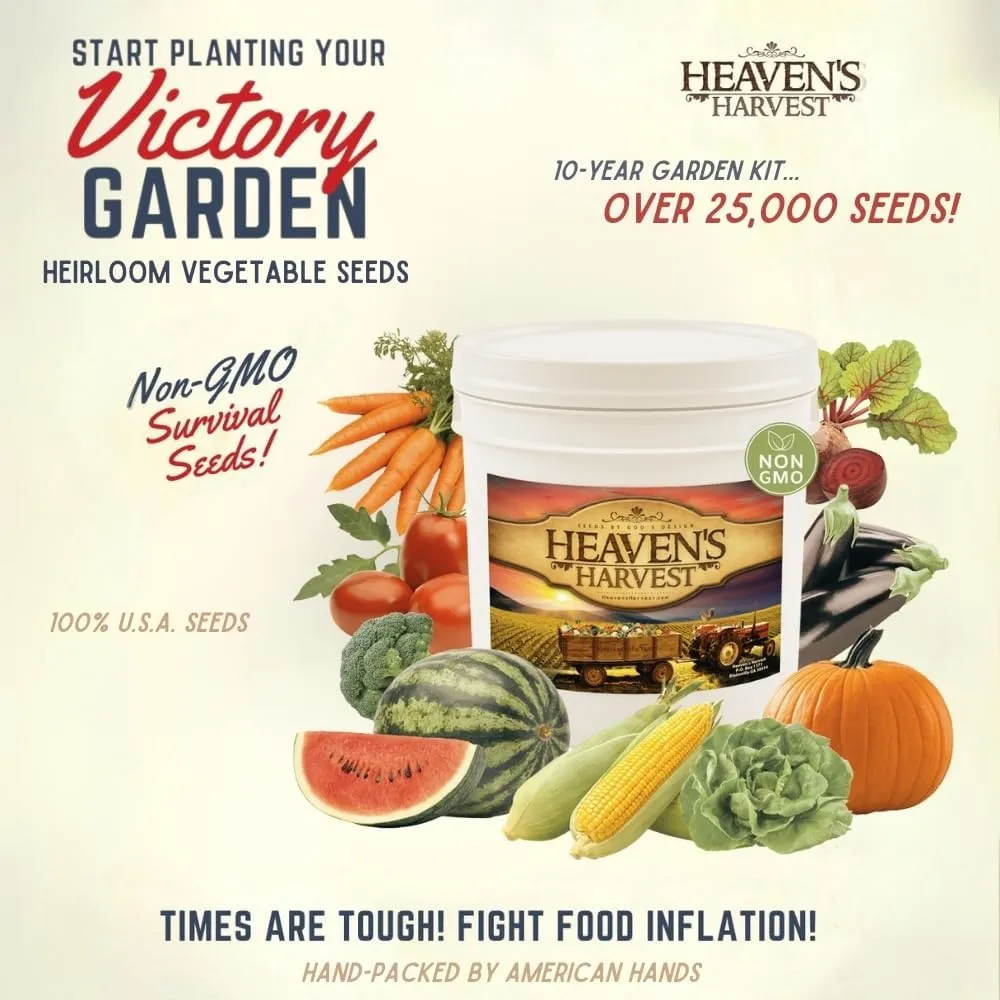 Heaven’s Harvest “10 Year Garden” Survival Seed Bank Kit | Over 25k Non-GMO Heirloom Vegetable Survival Seeds   2 Free Bonus Items: Clyde’s Garden Planner   Seed Vault Storage Drum for 10 Year Storage