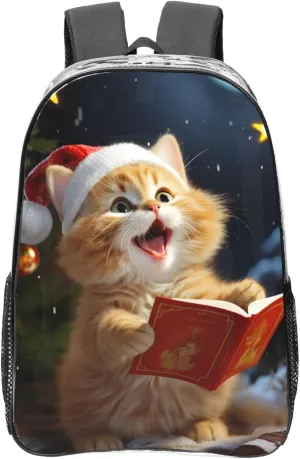Heavy Duty Clear Backpack for Women Men PVC Transparent College Bag 16 inch Cute Cat Sing Christmas Carols Casual Daypack
