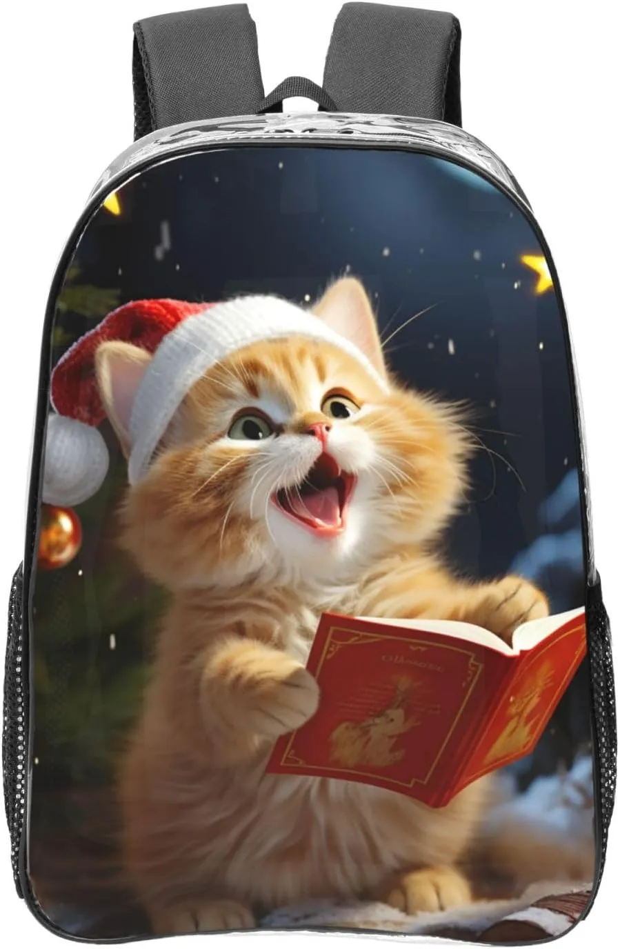 Heavy Duty Clear Backpack for Women Men PVC Transparent College Bag 16 inch Cute Cat Sing Christmas Carols Casual Daypack