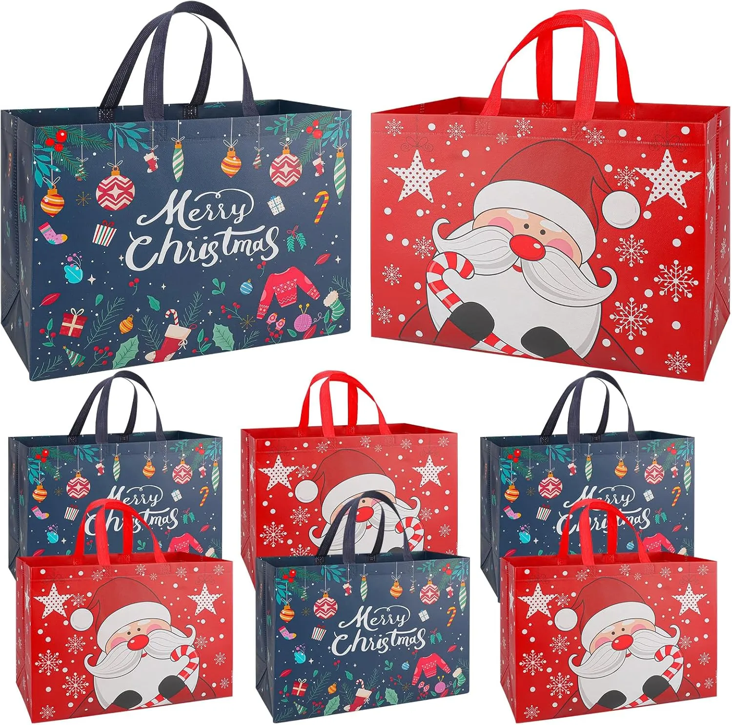 Heavy Duty Extra Large Christmas Tote Bags - 8PC Set with Handles, Reusable XL 16.9"x12.6"x7.1" Bags