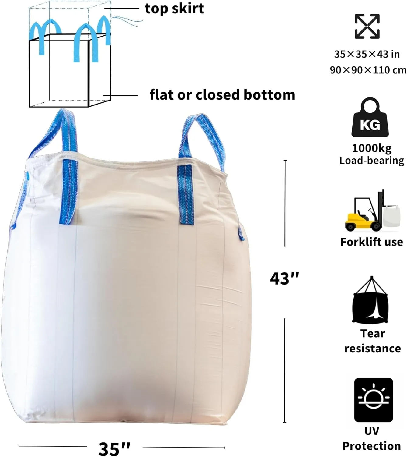 Heavy Duty FIBC Bulk Ton Bags,1 One Ton Capacity, 35"L x 35"W x 43"H, 2200 lbs SWL, Duffle Top Flat Bottom, bags for Industrial and Agricultural Use (Pack of 2)