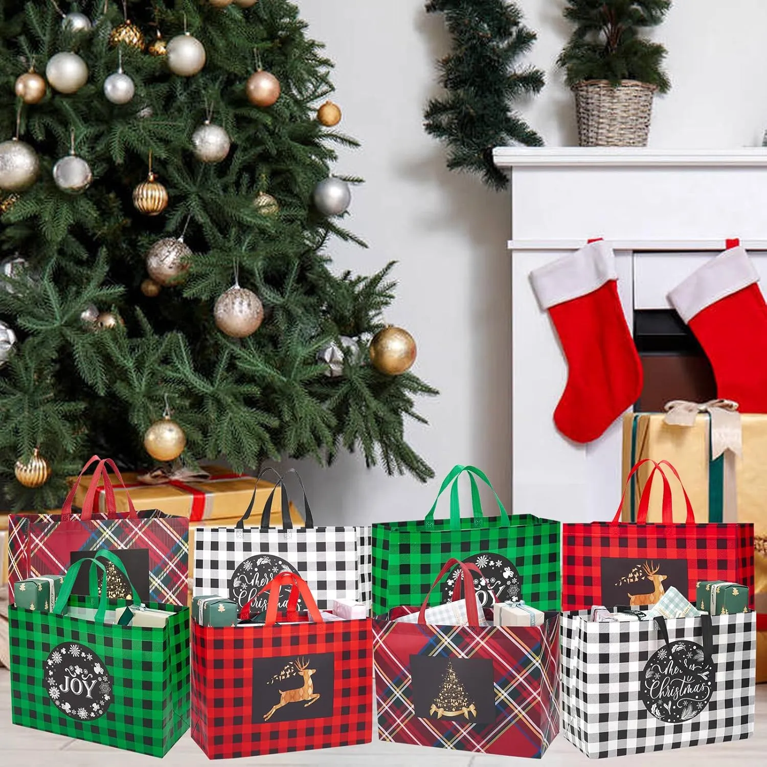 Heetobcos 8PCS Extra Large Christmas Gift Bags, 16.9"×12.6"×7.1",Reusable Christmas Tote Bags with Handle Non-Woven Christmas Bags for Gifts