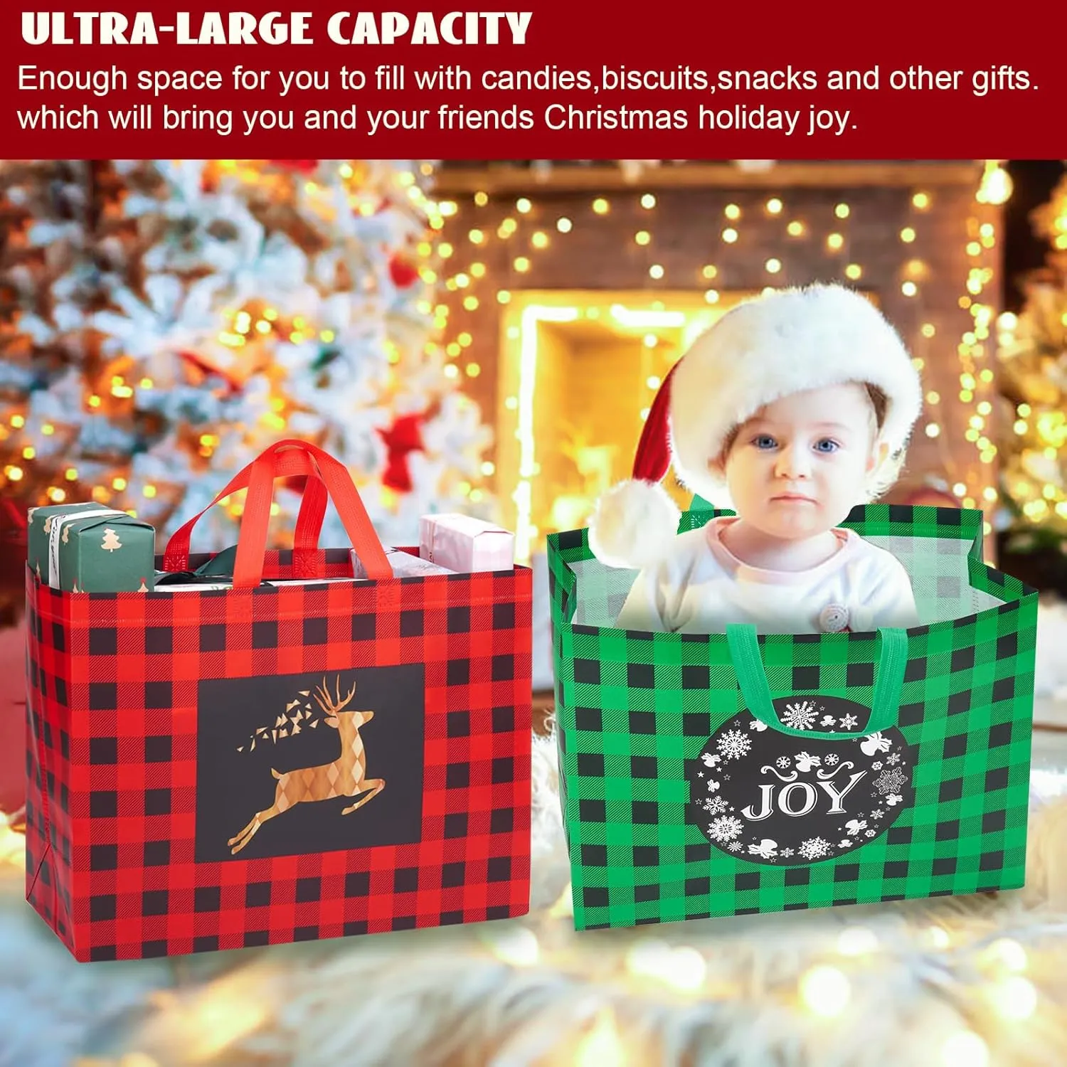 Heetobcos 8PCS Extra Large Christmas Gift Bags, 16.9"×12.6"×7.1",Reusable Christmas Tote Bags with Handle Non-Woven Christmas Bags for Gifts