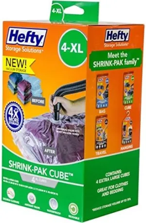 Hefty Shrink-Pak – 4 Extra Large Vacuum Seal Storage Bags – Space Saver Bags for Clothing, Pillows, Towels, or Blankets, 4 x XL Cubes