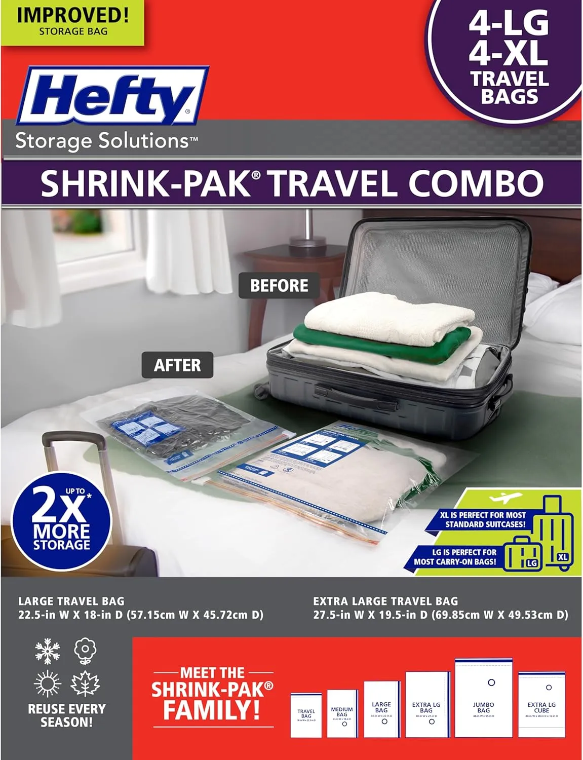 Hefty Shrink-Pak Travel Vacuum Storage Bags – For Clothes, Pillows, Towels, Blankets & More – Space Saver Suction Sealer Bags for Luggage or Moving – 4 Large, 22.5x18 Inches, 4 XL, 27.5x 19.5 Inches