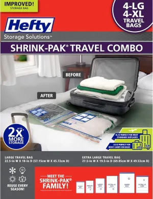 Hefty Shrink-Pak Travel Vacuum Storage Bags – For Clothes, Pillows, Towels, Blankets & More – Space Saver Suction Sealer Bags for Luggage or Moving – 4 Large, 22.5x18 Inches, 4 XL, 27.5x 19.5 Inches