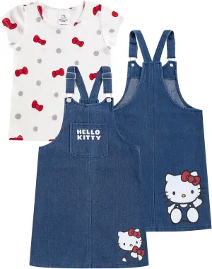Hello Kitty Sanrio Girls Adjustable Jumper Denim Dress with Shirt Set for Toddler and Big Kids