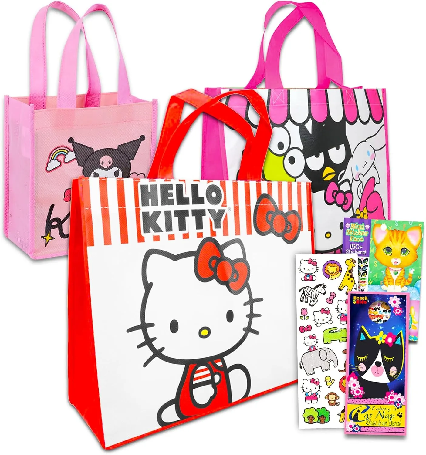 Hello Kitty Tote Bag Set for Girls - Accessories Bundle with 3 Sanrio Reusable Grocery Bags with Stickers, More | Hello Kitty Tote Bag Set