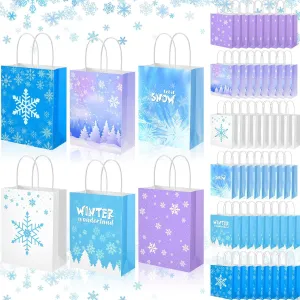 Henoyso 60 Pcs Snowflake Party Favor Gift Bags Goodie Candy Bags with Handle Winter Wonderland Paper Decorations for Birthday Holiday Xmas Party Supplies