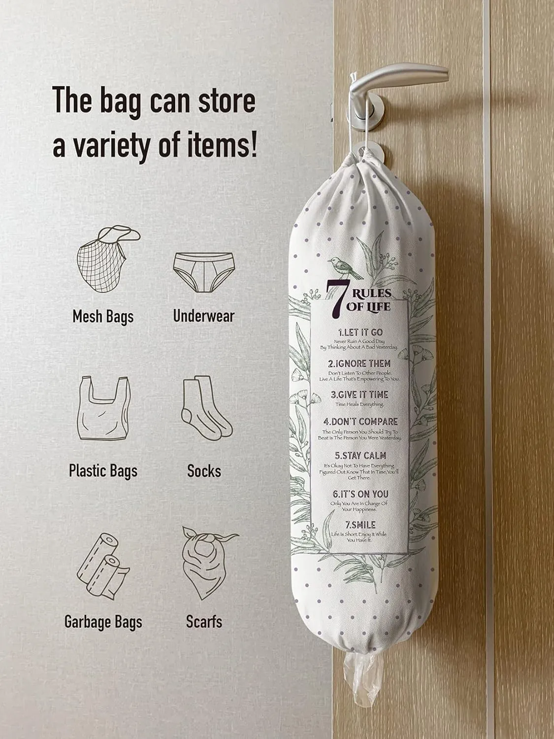 Hglian Inspirational Plastic Bag Holder,7 Rules of Life Grocery Bag Organizer Canvas Shopping Trash Bags Storage,Motivational Kitchen Décor,Gifts for Women