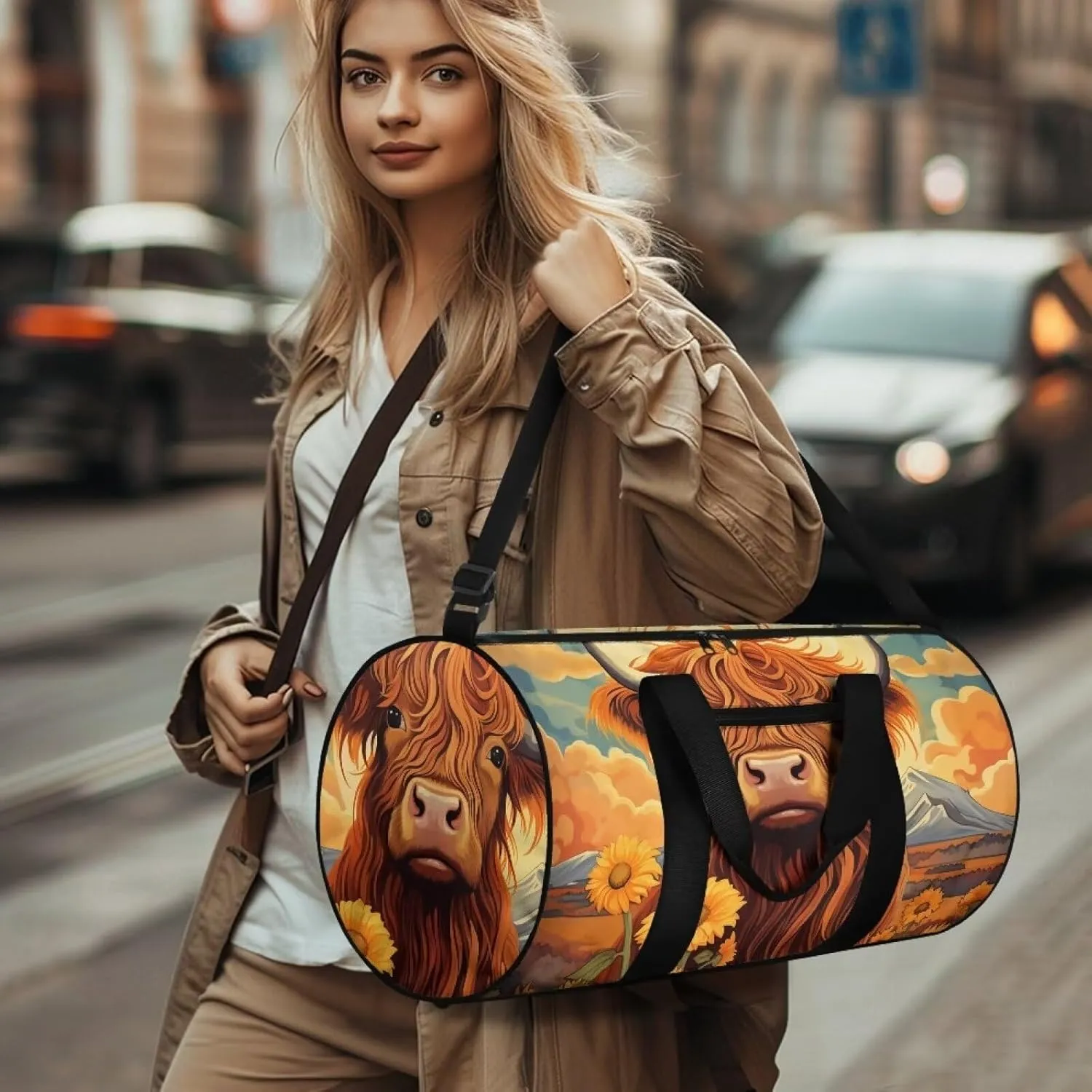 Highland Cow Duffle Bag with Adjustable Strap,Foldable Travel Duffel Bags for Men Women,Waterproof Duffel Bags