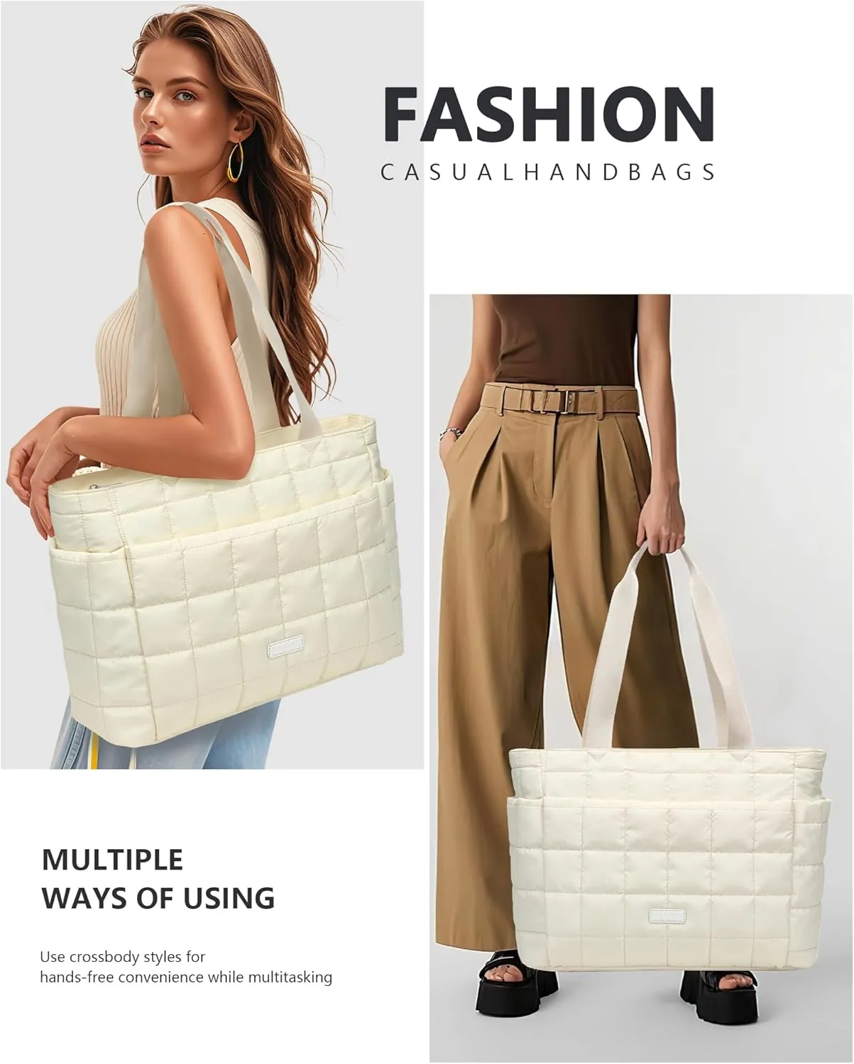 HKCLUF Quilted Puffer Tote Bag for Women 20L Lightweight Waterproof Large Work Travel Gym Tote Bag with Laptop Compartment