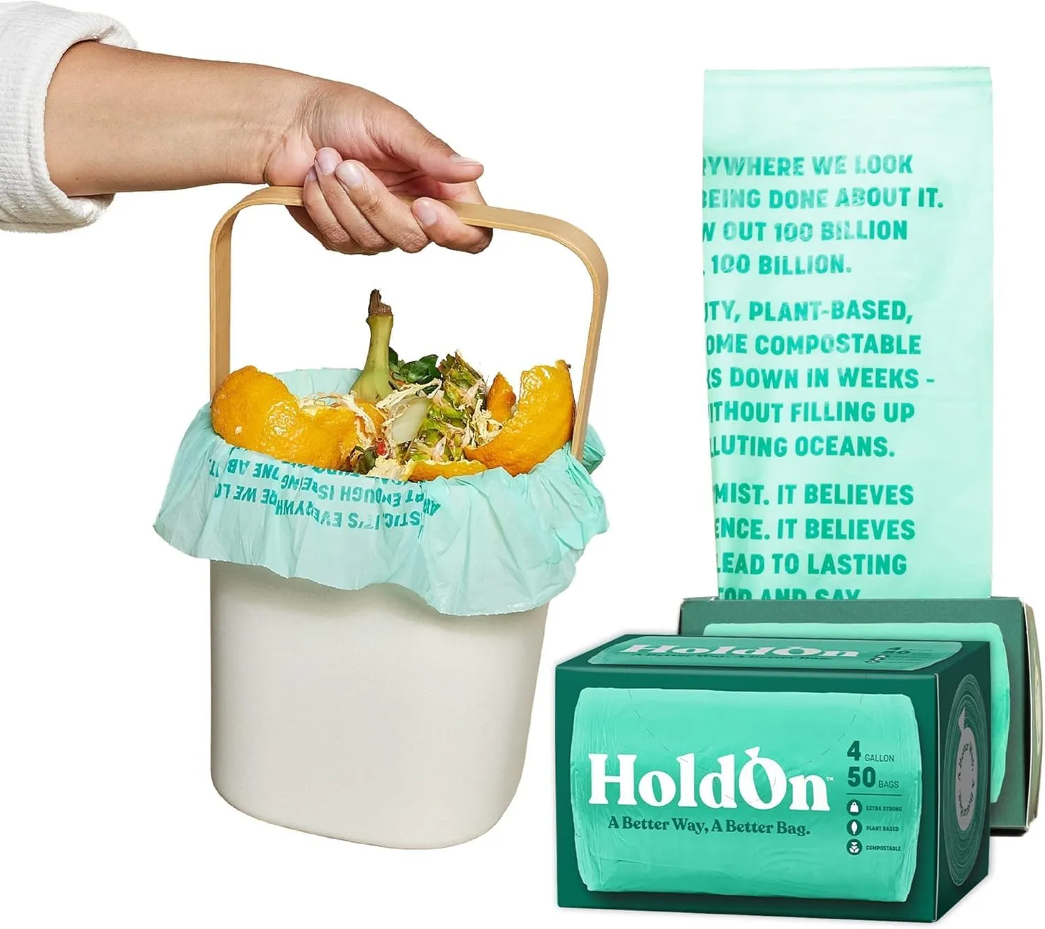 HoldOn 4-Gallon Trash Bags – Plant-Based, Heavy-Duty and Compostable Small Trash Bags, Kitchen Trash Bags for Kitchen Bin (2-pack, 100 bags)