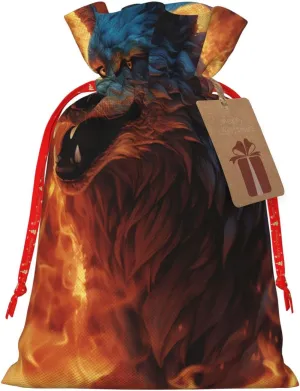 HQaxsfQxnr Christmas Gift Bag Drawstring Gift Bag for Christmasc Wolf Surrounded by Fire Gift Bag for Christmasc Linen Wrapping Bag Christmas Drawstring Bag for Party Wrapping
