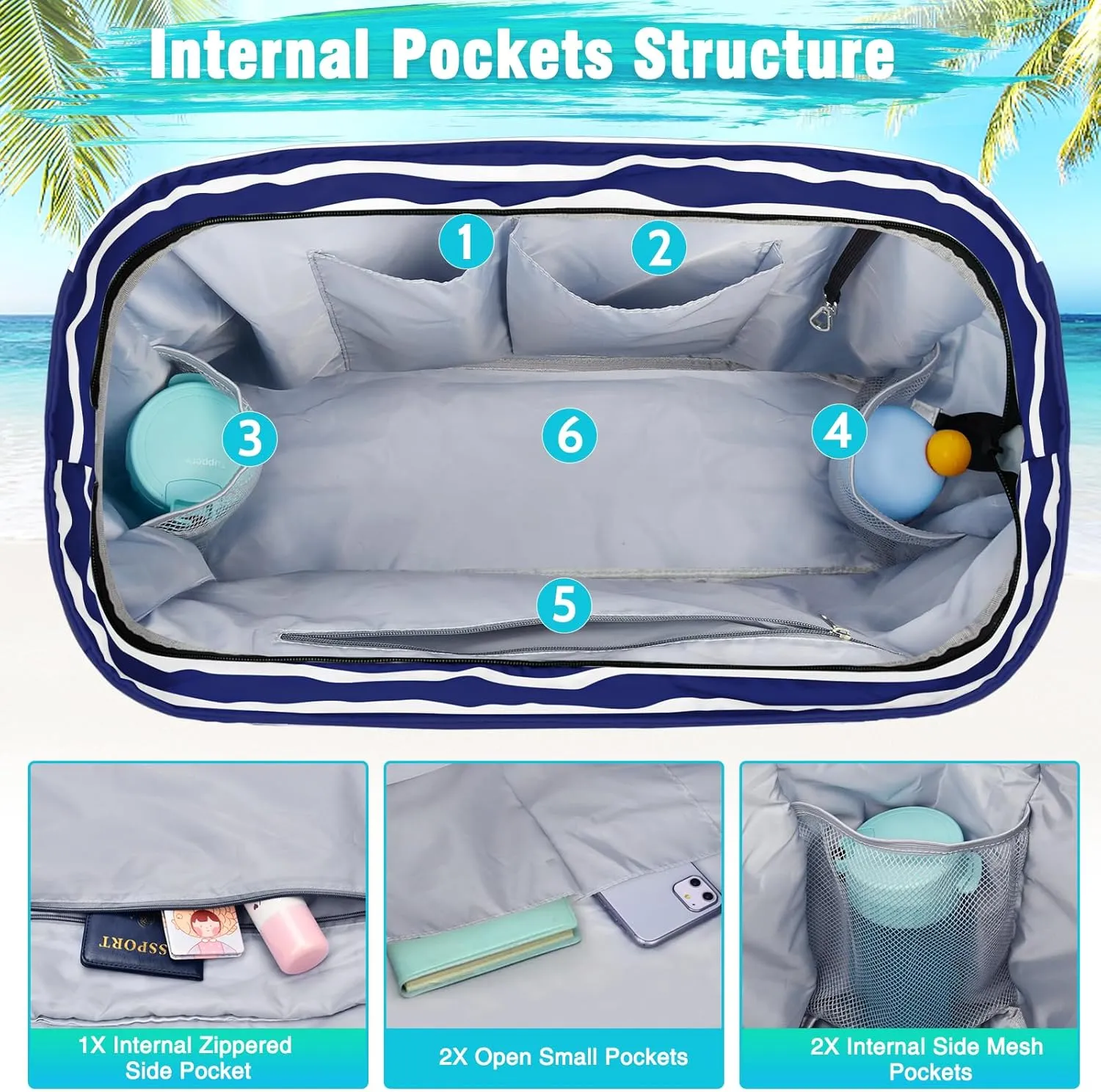 HUANLANG Extra Large Beach Bag Waterproof Beach Totes Bags for Women Men,Pool Bag with Zipper Wet Pocket