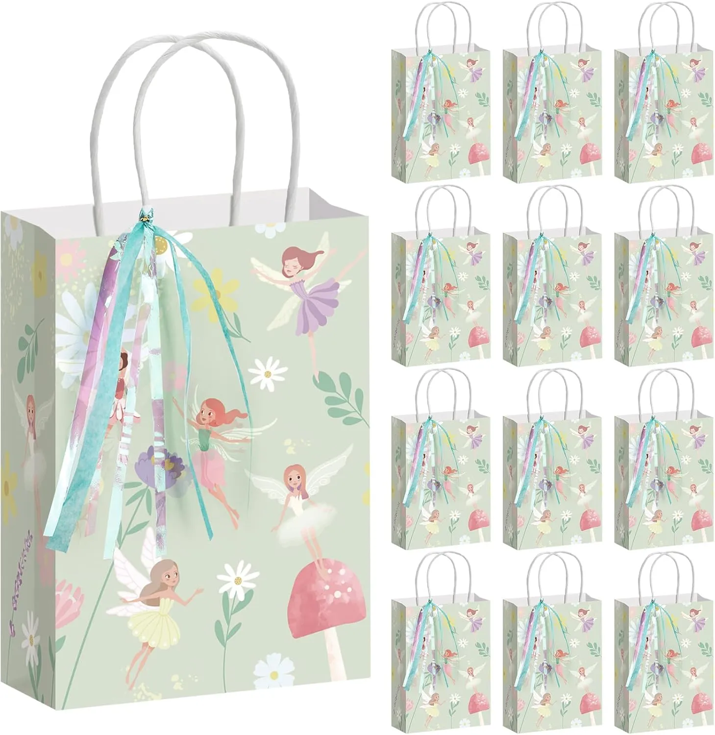 Humyoun 24 Pcs Fairy Party Favor Bags Set with Ribbon Gift Woodland Fairy Party Decorations Mushroom Goodie Floral Candy Treat Bags for Birthday and Baby Shower