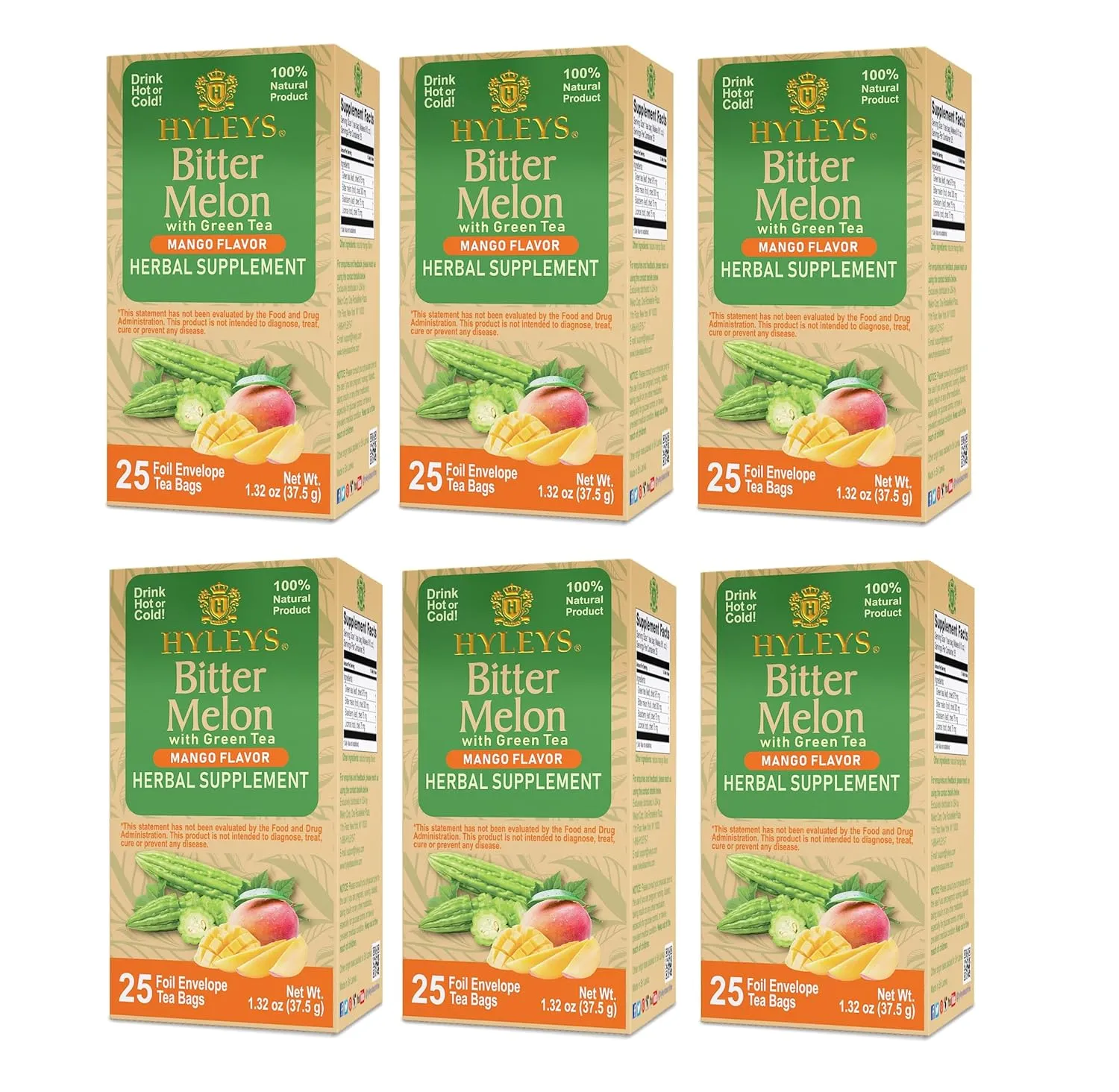 Hyleys Bitter Melon with Green Tea - Mango Flavor - 25 Tea Bags - Supports Healthy Liver Function - Herbal Supplement - (6 Pack - 150 Tea Bags Total)