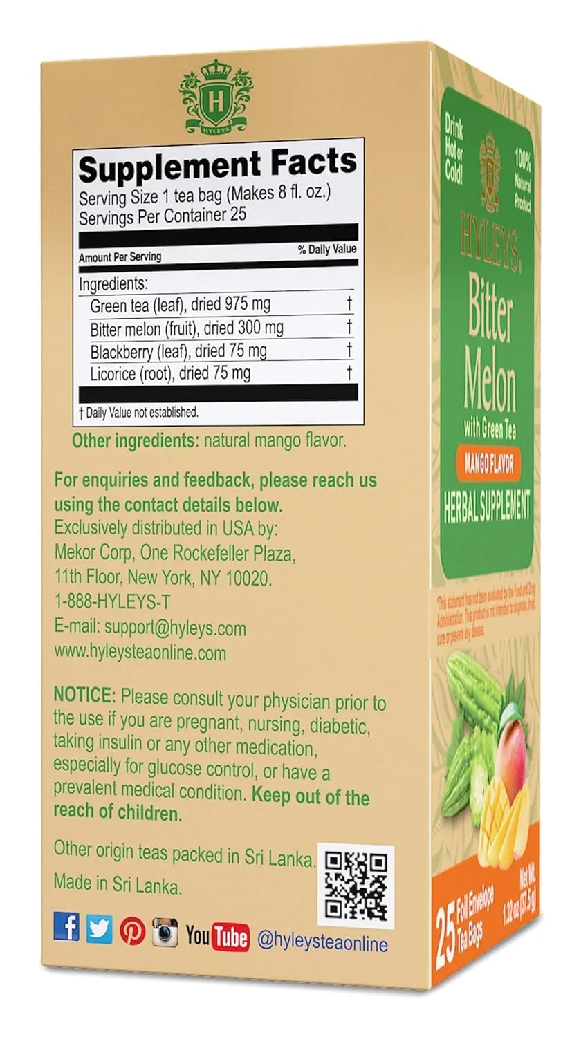 Hyleys Bitter Melon with Green Tea - Mango Flavor - 25 Tea Bags - Supports Healthy Liver Function - Herbal Supplement - (6 Pack - 150 Tea Bags Total)