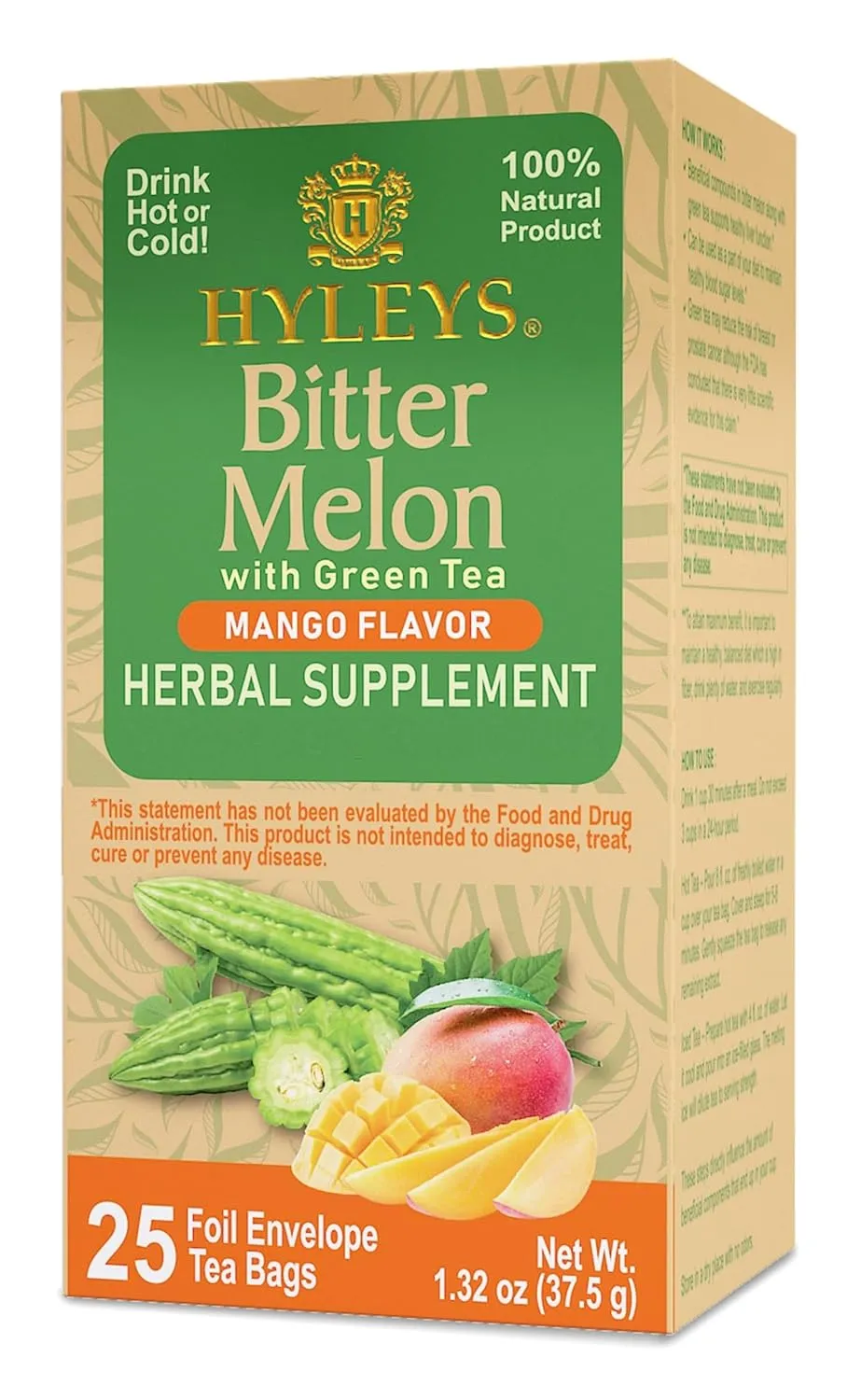 Hyleys Bitter Melon with Green Tea - Mango Flavor - 25 Tea Bags - Supports Healthy Liver Function - Herbal Supplement - (6 Pack - 150 Tea Bags Total)