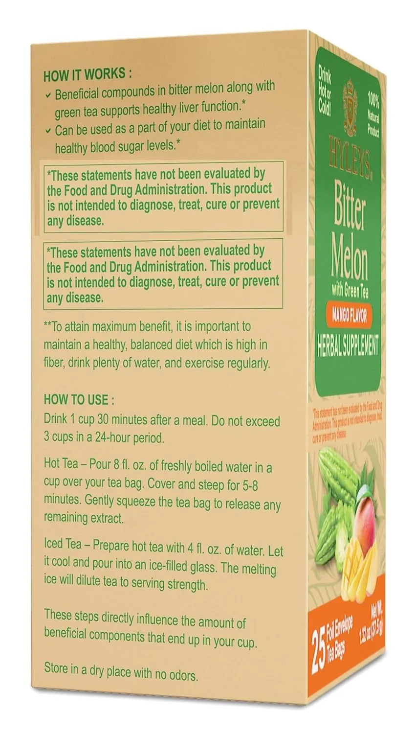 Hyleys Bitter Melon with Green Tea - Mango Flavor - 25 Tea Bags - Supports Healthy Liver Function - Herbal Supplement - (6 Pack - 150 Tea Bags Total)